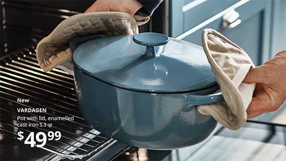 New VARDAGEN Pot with lid, enamelled cast iron light beige/dark gray-blue, 5.3 qt