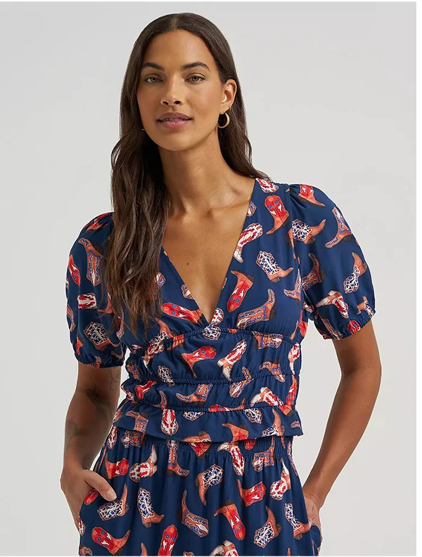 Women's Puff Sleeve V-Neck Blouse