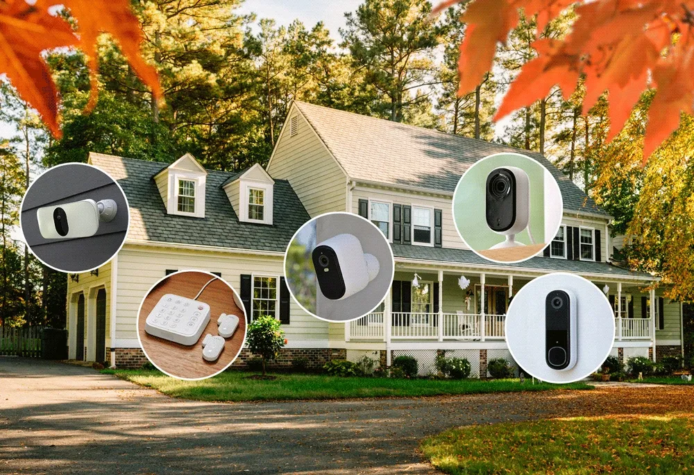 Various Arlo security products positioned in various areas on a house.