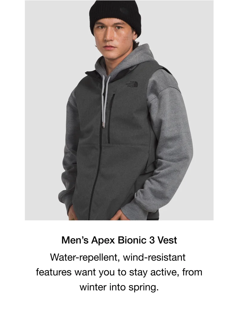 Men's Apex Bionic 3 Vest. Water-repellent, wind-resistant features want you to stay active, from winter into spring.
