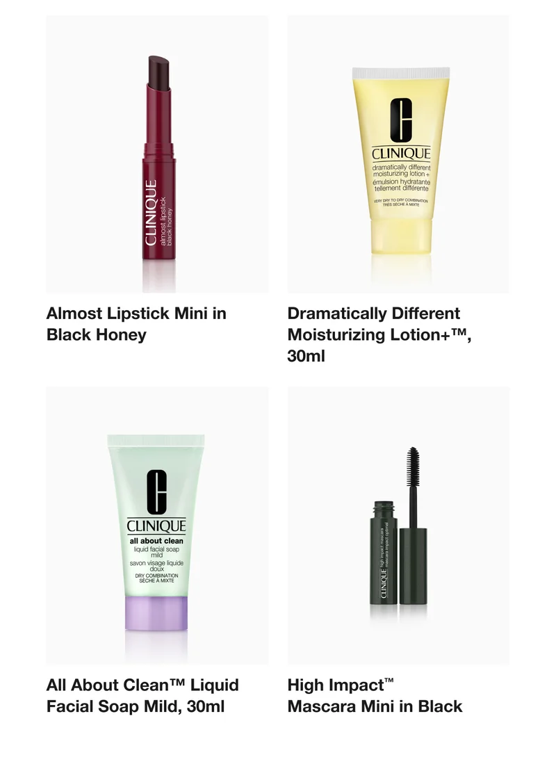 Almost Lipstick Mini in Black Honey | Dramatically Different Moisturizing Lotion+™, 30ml | All About Clean™ Liquid Facial Soap Mild, 30ml | High Impact™ Mascara Mini in Black