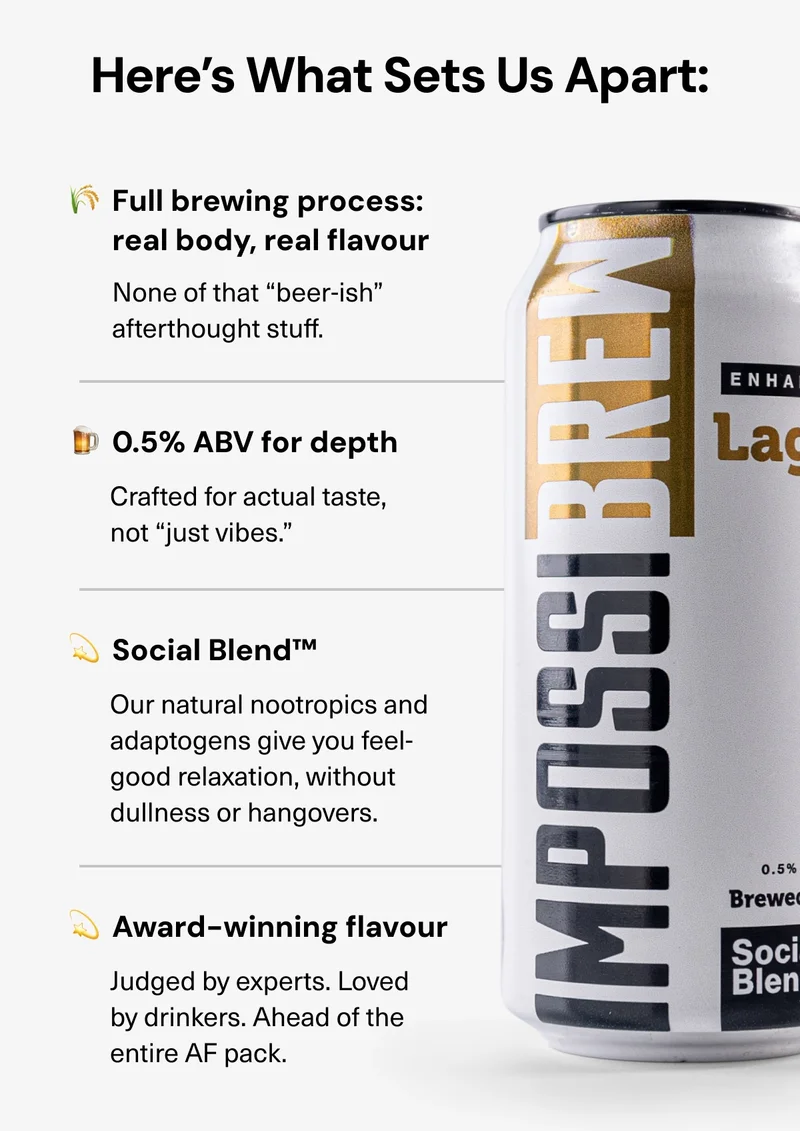 Here’s what sets us apart: ✔ Full brewing process: real body, real flavour. None of that “beer-ish” afterthought stuff. ✔ 0.5% ABV for depth. Crafted for actual taste, not “just vibes.” ✔ Social Blend™ Our natural nootropics and adaptogens give you feel-good relaxation, without dullness or hangovers.  ✔ Award-winning flavour. Judged by experts. Loved by drinkers. Ahead of the entire AF pack.
