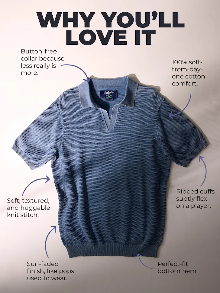Button-free collar, 10% soft cotton, huggable knit stretch.
