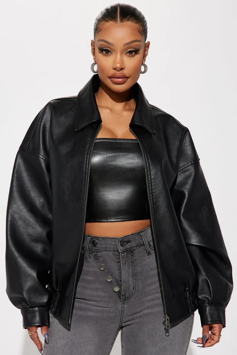 Image of Hustle Mode Oversized Faux Leather Jacket - Black