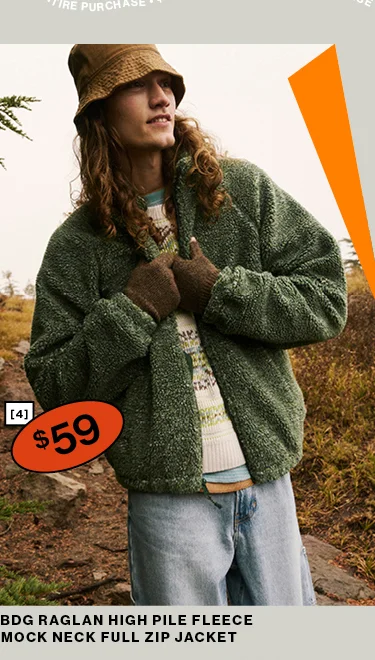 BDG Raglan High Pile Fleece Mock Neck Full Zip Jacket