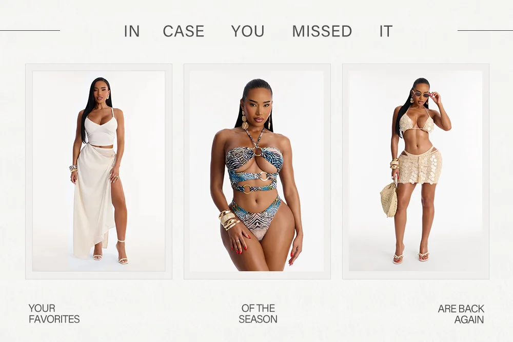Model wears three popular styles: white two-piece, blue animal print bikini, beige crochet set. Discover top resort wear and summer fashion!