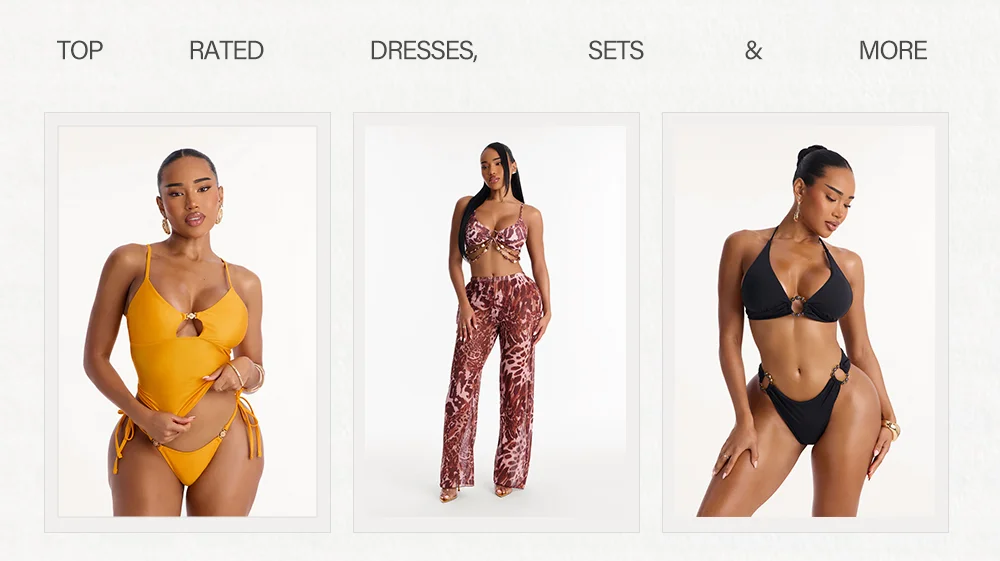 Three models showcase top-rated women's fashion: a yellow cutout swimsuit, a brown animal print two-piece set, and a black O-ring bikini.