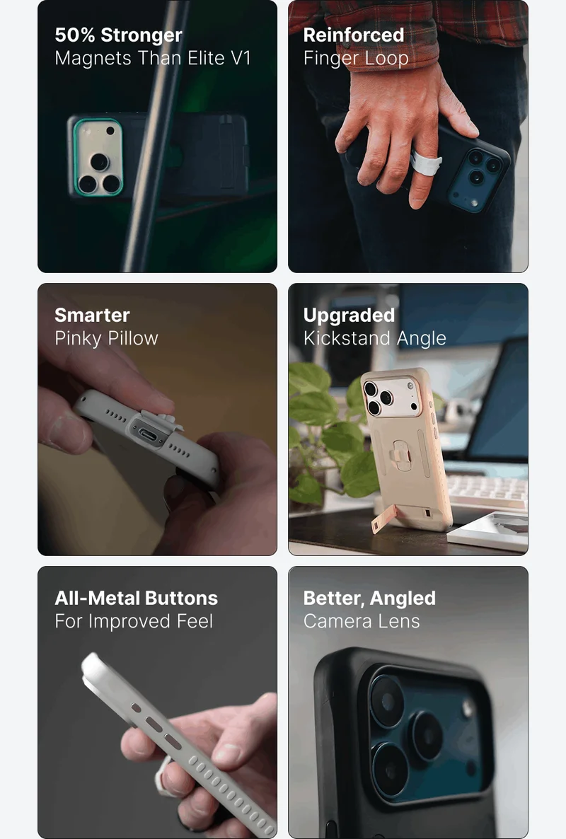 50% Stronger Magnets Than Elite V1 Reinforced Finger Loop Smarter Pinky Pillow Upgraded Kickstand Angle All-Metal Buttons For Improved Feel Better, Angled Camera Lens