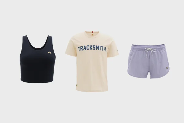 Tracksmith tank top, t-shirt and short.
