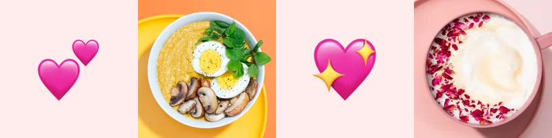 Image group of heart emojis and bowls of food.