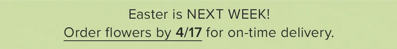 Easter is Next Week! Order flowers by 4/17 for on-time delivery. Easter is Next Week! Order flowers by 4/17 for on-time delivery.