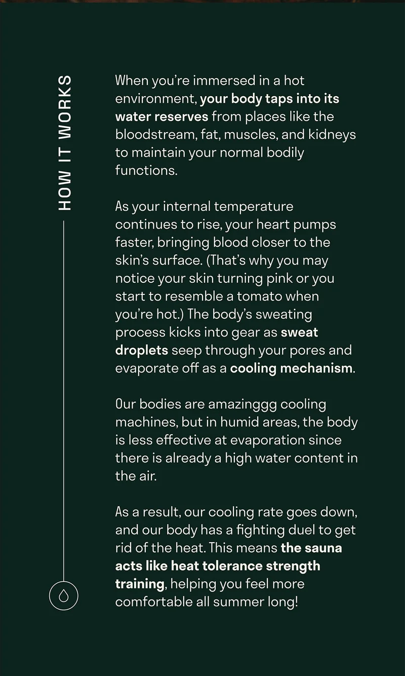 How it works: When you're immersed in a hot environment, your body taps into its water reserves from places like the bloodstream, fat, muscles and kidneys to maintain your normal bodily functions.