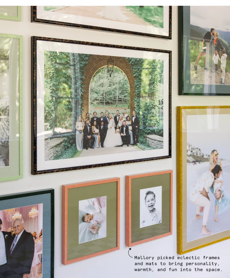 Mallory picked eclectic frames and mats to bring personality, warmth, and fun into the space.