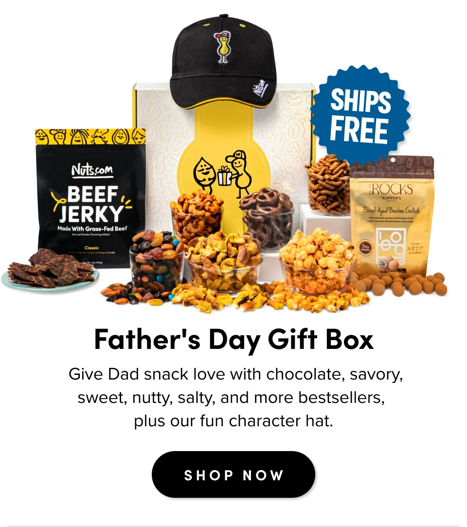Father's Day Gift Box &nbsp;Give Dad snack love with chocolate, savory, sweet, nutty, salty, and more bestsellers, plus our fun character hat. SHOP NOW