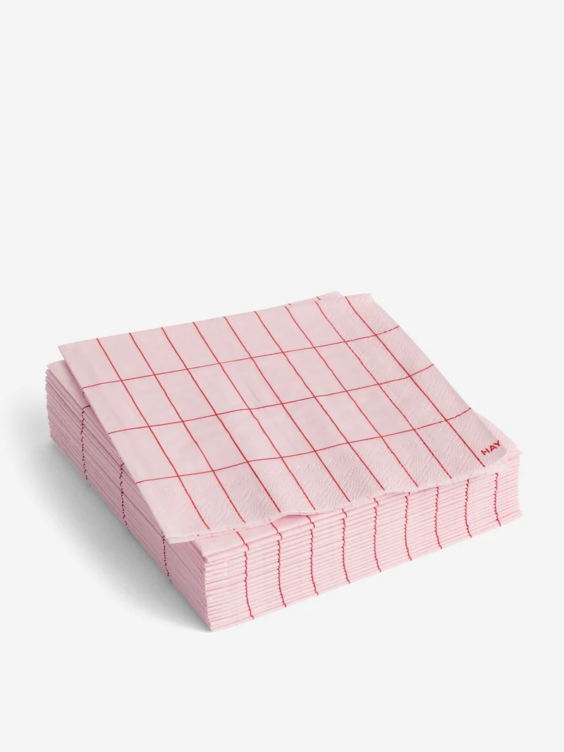 Image of HAY Pattern Napkins Cocktail Set of 20 - Light Pink and Red Grid