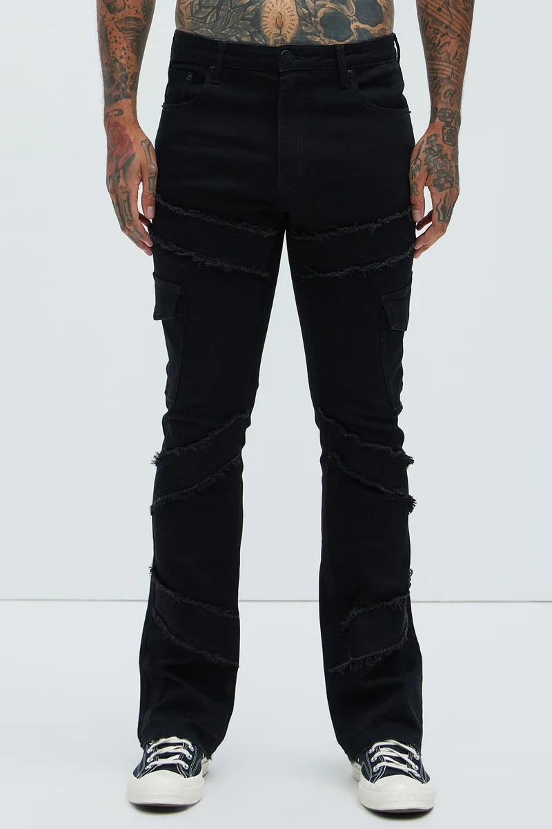 Image of Simi Fray Cargo Stacked Skinny Flare Jeans - Black