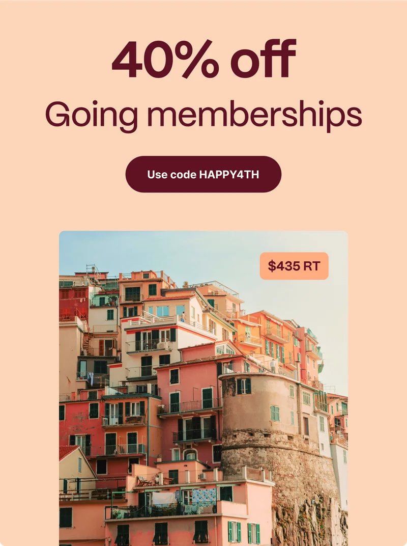 40% off Going memberships. Use code discount code. Go to Going.