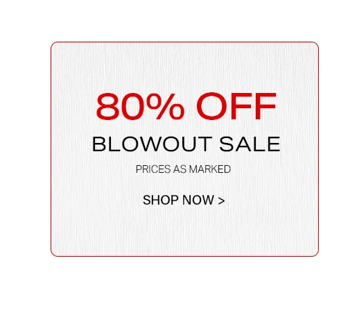 White box with red border announcing "80% OFF BLOWOUT SALE". Black text "SHOP NOW >" promotes significant discounts.