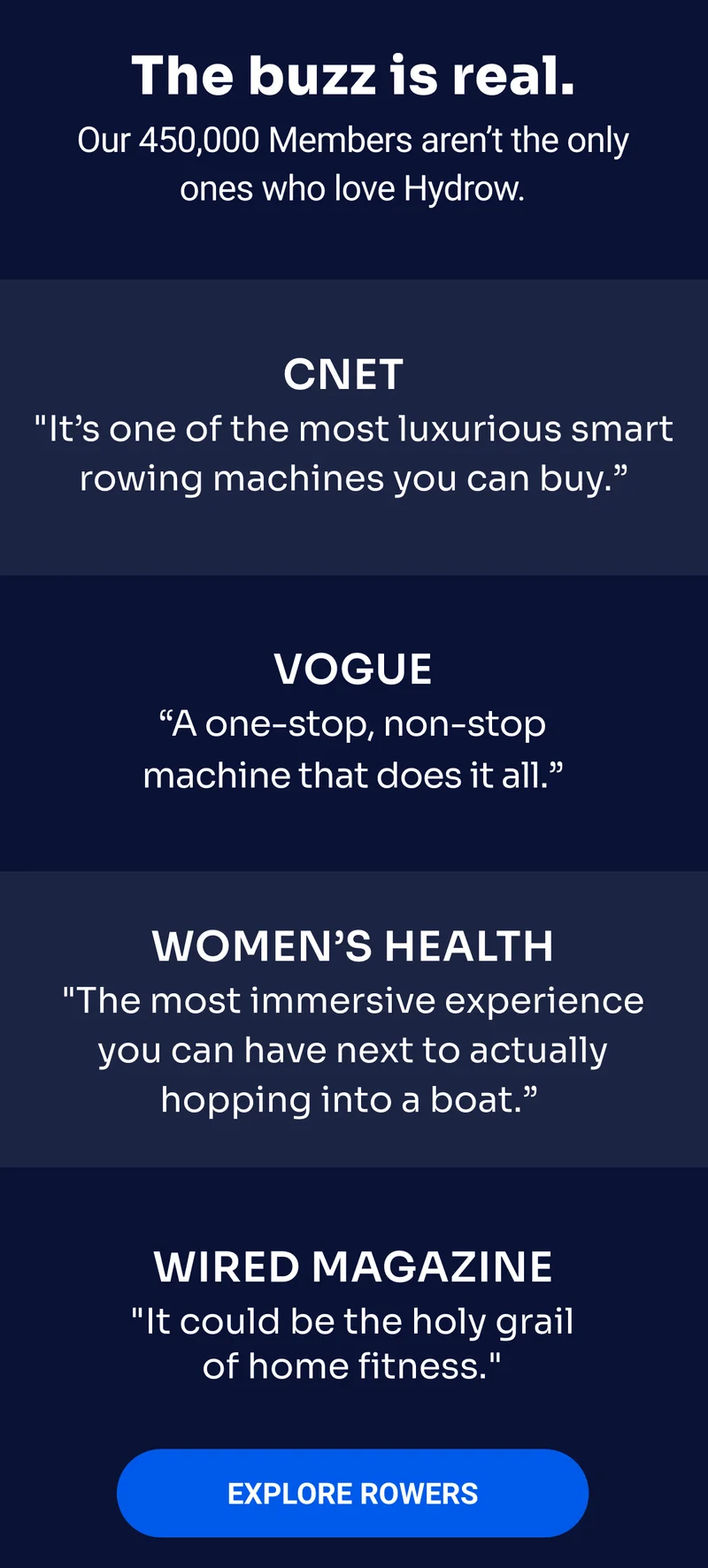 The buzz is real. Our 450,000 Members aren't the only ones who love Hydrow. CNET ''It's one of the most luxurious smart rowing machines you can buy.'' VOGUE ''A one-stop, non-stop machine that does it all.'' WOMEN'S HEALTH ''The most immersive experience you can have next to actually hopping into a boat.'' WIRED MAGAZINE ''It could be the holy grail of home fitness.'' Explore Rowers