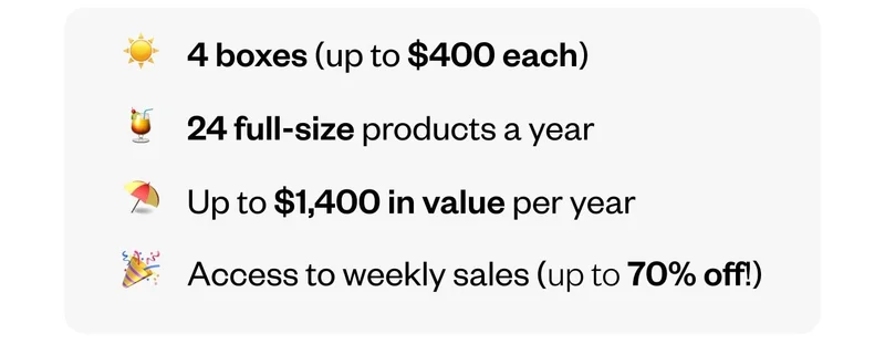 4 boxes (up to $400 each) | 24 full-size products each year | Up to $1,400 in value per year | Access to weekly sales (up to 70% off!)