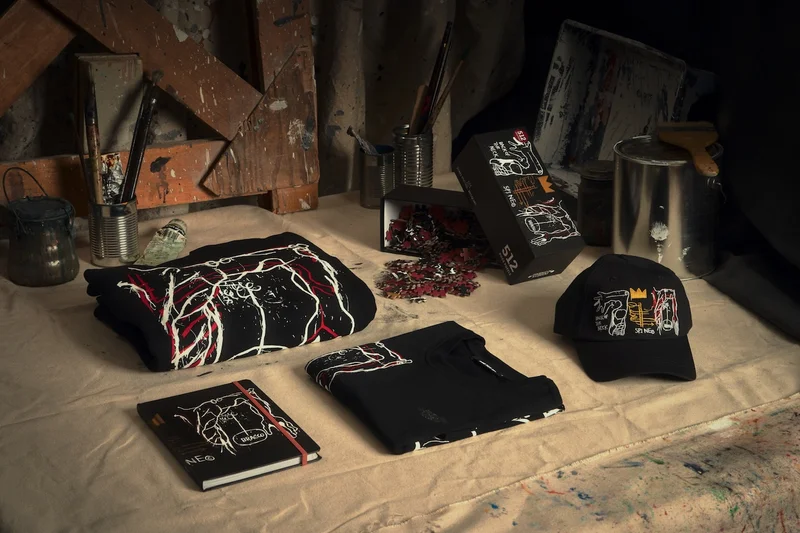 A notebook, sweatshirt, T-shirt, hat, and puzzle on a drop-cloth