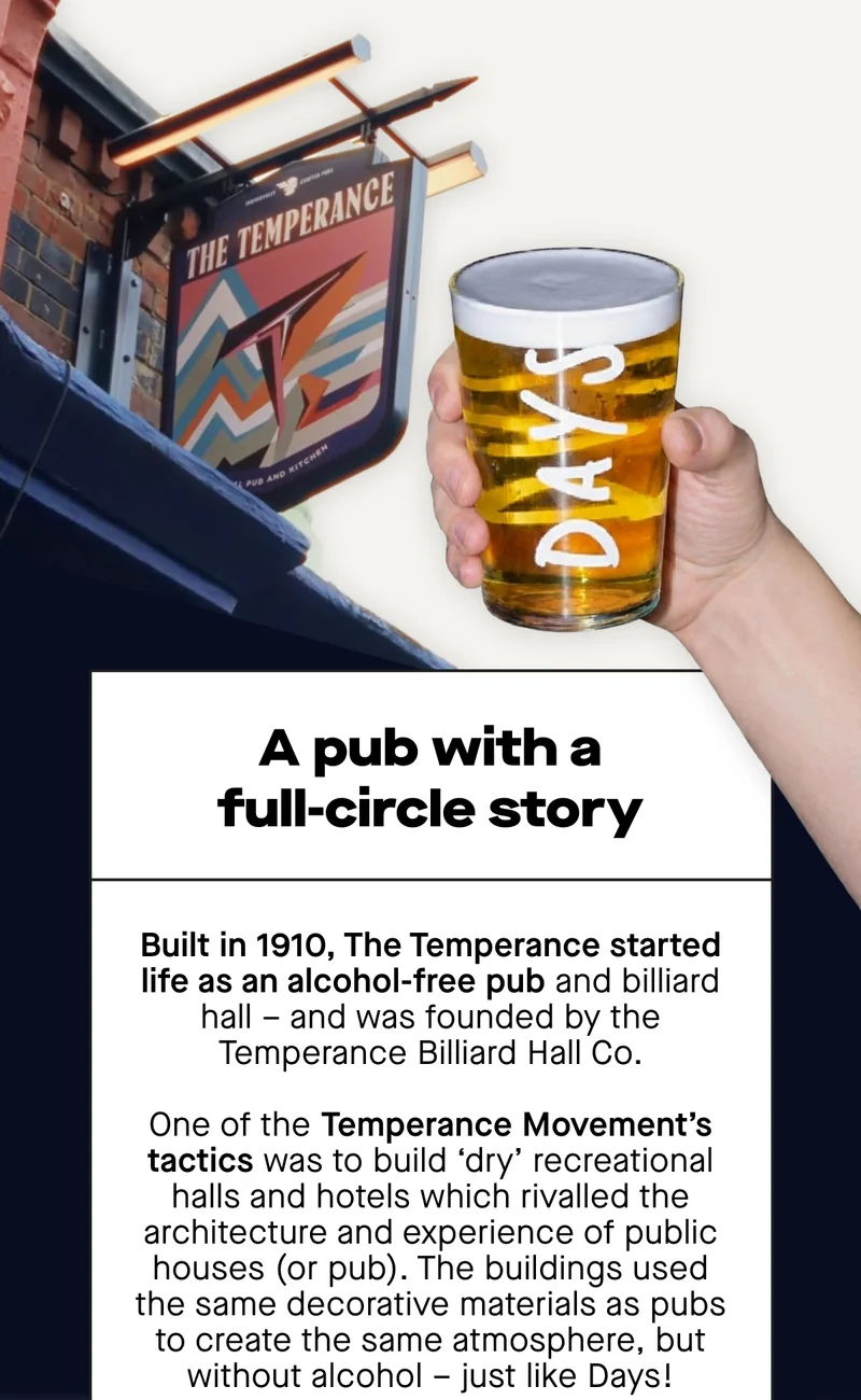 A pub with a full-circle story  Built in 1910, The Temperance started life as an alcohol-free pub and billiard hall – and was founded by the Temperance Billiard Hall Co.  One of the Temperance Movement’s tactics was to build 'dry' recreational halls and hotels which rivalled the architecture and experience of public houses (or pub). The buildings used the same decorative materials as pubs to create the same atmosphere, but without alcohol – just like Days!