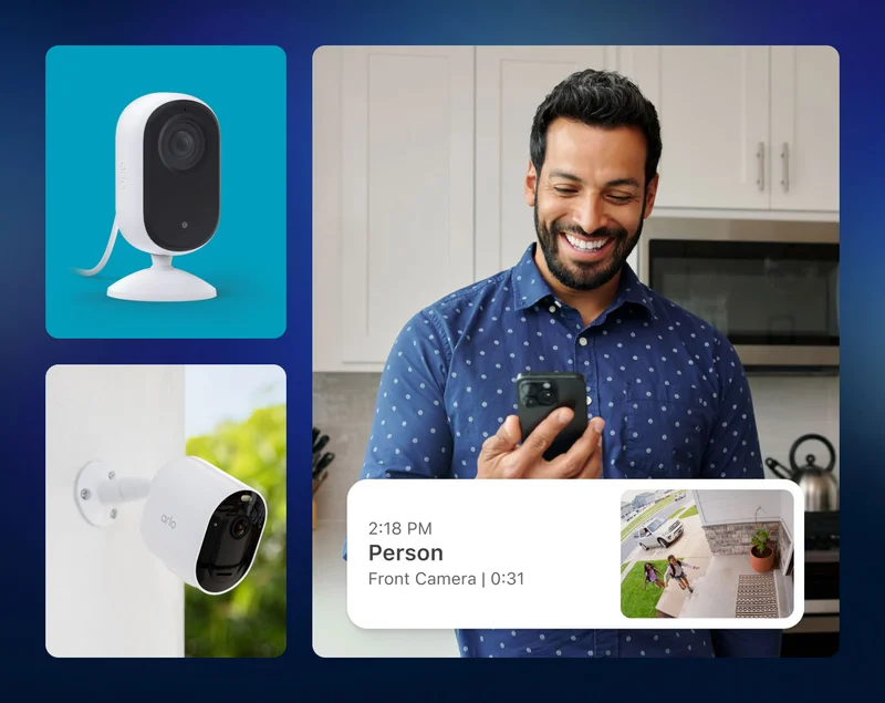 Various Arlo home security products. Simulated screen image of an event in the Arlo Secure feed overlaying an image of someone checking their phone.