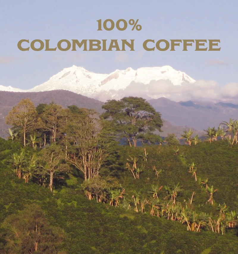 Image: Mountains with coffee farm. Header: 100% Colombian Coffee