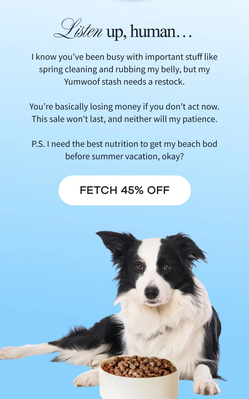 Listen up, human… I know you’ve been busy with important stuff like spring cleaning and rubbing my belly, but my Yumwoof stash needs a restock.  You’re basically losing money if you don’t act now. This sale won’t last, and neither will my patience.  P.S. I need the best nutrition to get my beach bod before summer vacation, okay? | FETCH 45% OFF