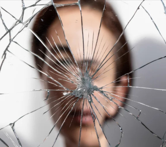 Reflection of a person in a broken mirror
