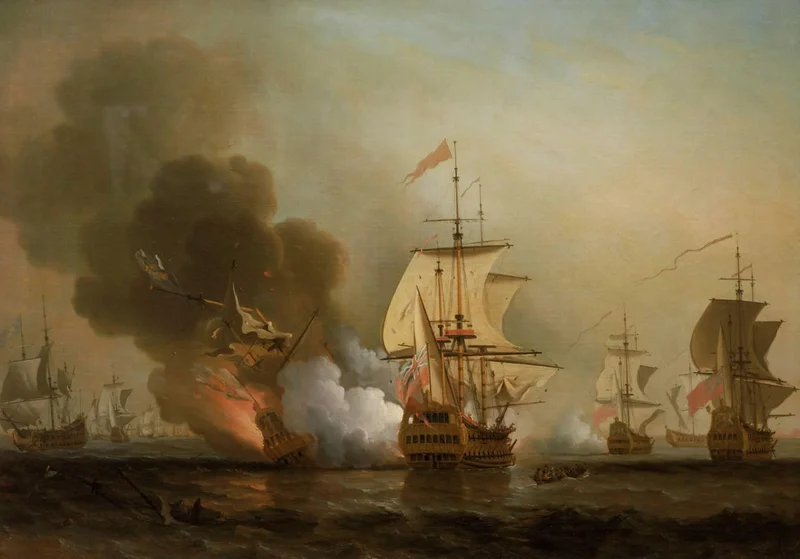 English painter Samuel Scott depicted the 1708 battle in which San José, a 62-gun galleon of the Spanish navy, was sunk by British Forces off the Colombian coast. At the time, it was carrying up to 200 tons of silver, gold, and uncut gemstones.