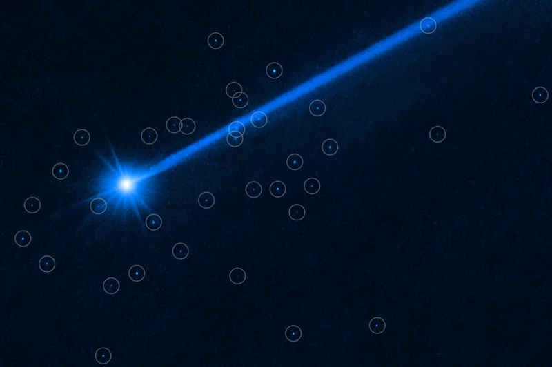 A Hubble Space Telescope image of the asteroid Dimorphos surrounded by boulders (tiny bright dots, circled) that were knocked off of the asteroid by NASA’s DART mission.