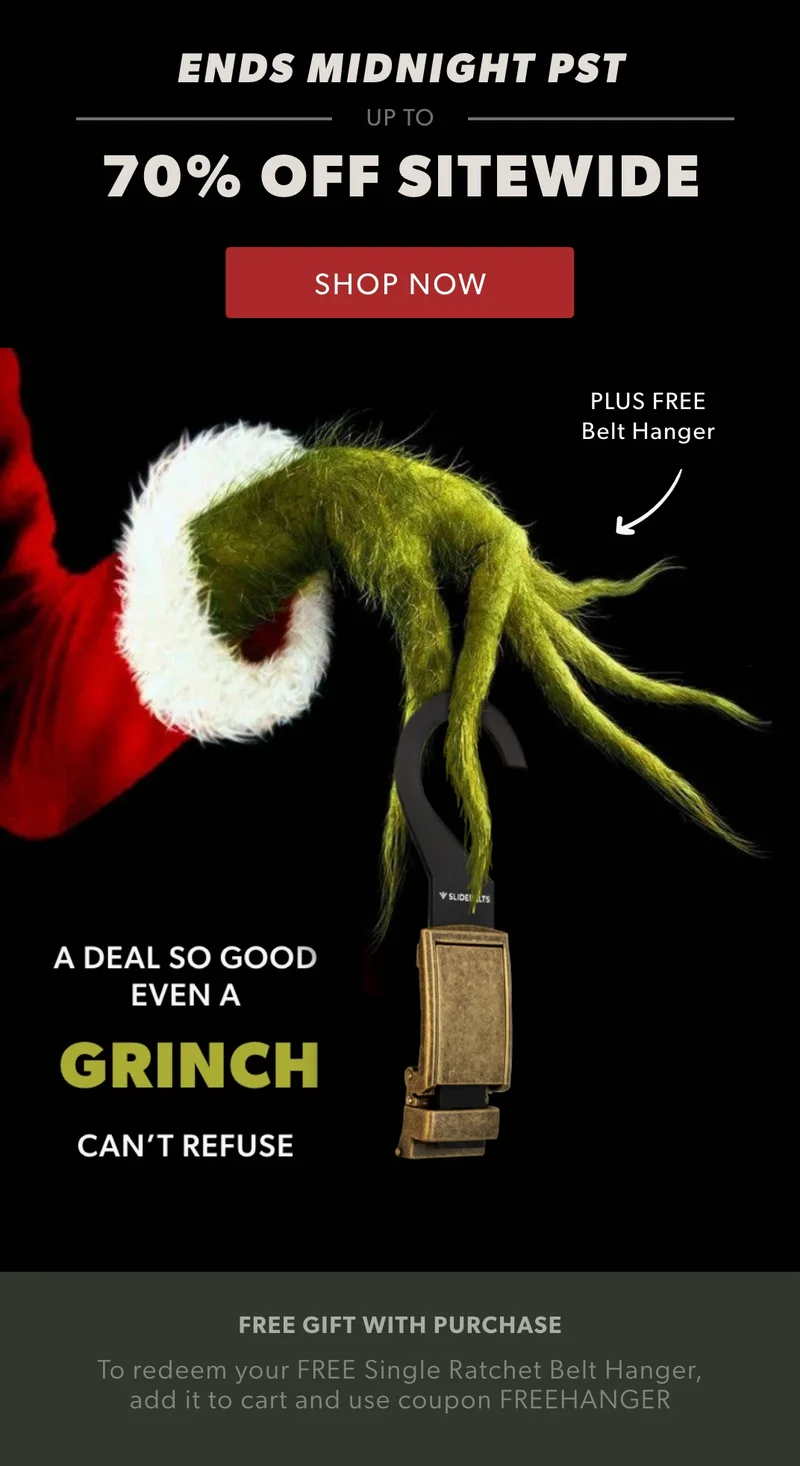 Score a great deal on gifts β plus get a free gift yourself. Up to 70% off sitewide + FREE Single Ratchet Belt Hanger. Score a great deal on gifts β plus get a free gift yourself. Up to 70% off sitewide + FREE Single Ratchet Belt Hanger.
