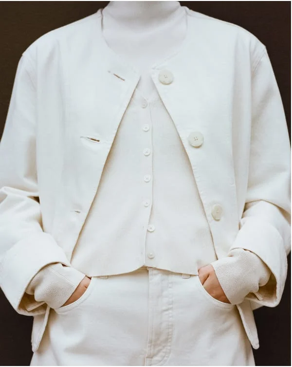 The Denim Barrel Jacket, the Way-Highe Curve Jean, the Viscose Mock Neck Top, and the Viscose Knit Cardigan