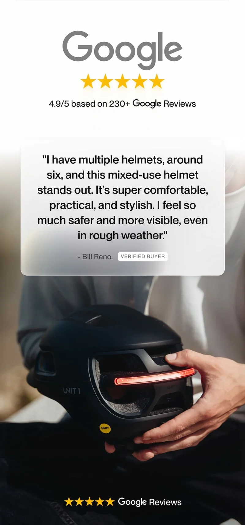 4.9/5 Google Reviews and customer quote for a UNIT 1 helmet, plus size chart prompt.
