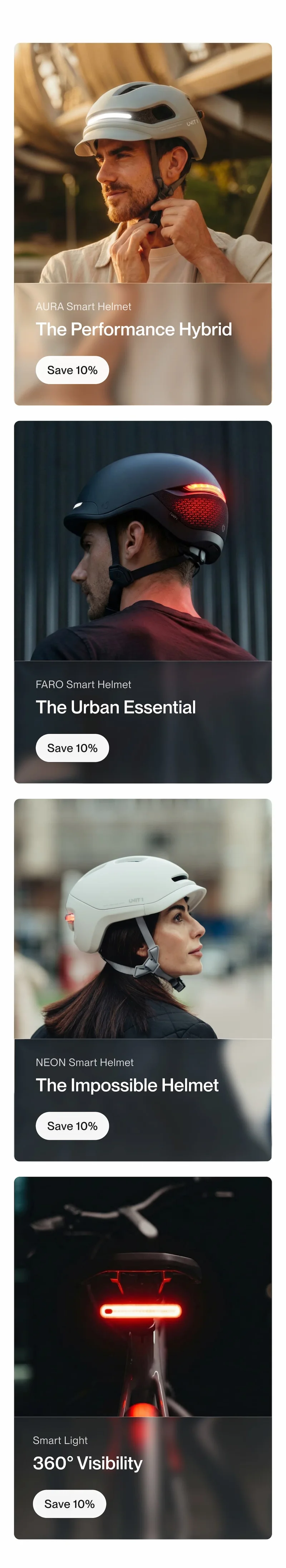 AURA, FARO, NEON Smart Helmets and Smart Light, each with Save 10% offer.