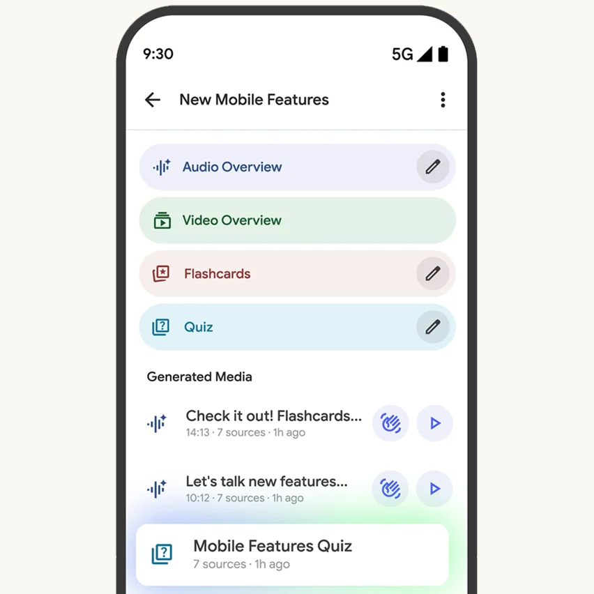 Smartphone screen showing a New Mobile Features page listing options to create Audio Overview, Video Overview, Flashcards, and Quiz, followed by a list of recently generated media items below.