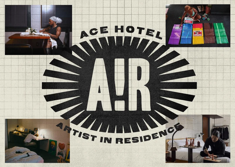 Sunburst shape that reads "Ace Hotel Artist In Residence (AIR)" overlaid on collage of images showcasing artists creating works