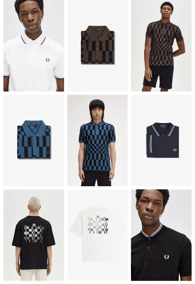 A picture collage of varied Mens chequerboard Fred Perry products, as well as some Fred Perry Shirts