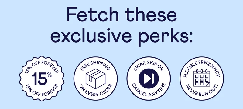 Fetch these exclusive perks: 15% off forever badge, free shipping on every order badge, swap, skip, or cancel anytime badge, flexible frequency/ never run out badge.