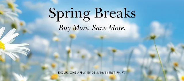 Spring Breaks Buy More, Save More. Exclusions apply. Ends 3/26/24 11:59 PM PT.