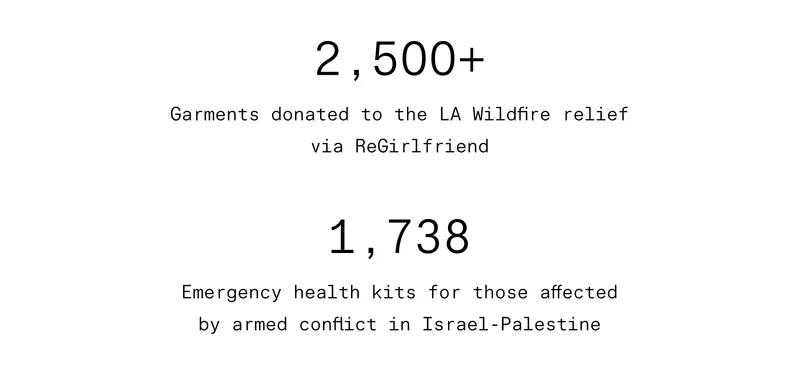 2,500+ Garments donated to the LA Wildfire relief via ReGirlfriend  1,738 people affected by armed conflict in Israel-Palestine provided with medical care