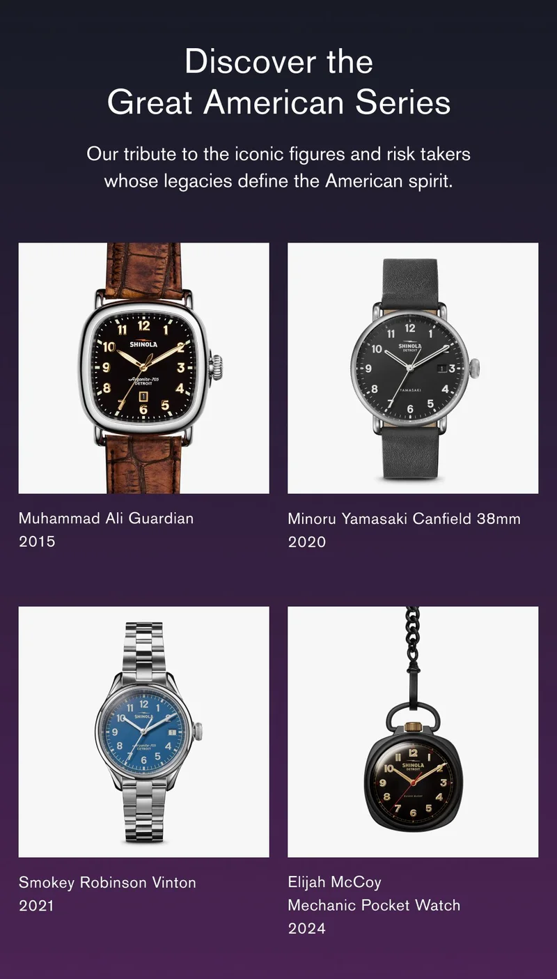 Discover the Great American Series | Our tribute to the iconic figures and risk takers whose legacies define the American spirit. | Muhammad Ali Guardian 2015 | Minoru Yamasaki Canfield 38mm 2020 |  Smokey Robinson Vinton 2021 | Elijah McCoy Mechanic Pocket Watch 2024