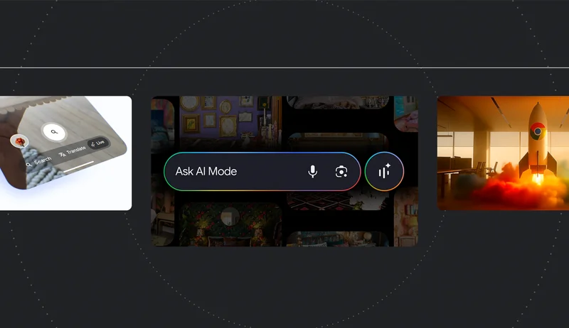 A search bar that says Ask AI Mode is shown between an image of a phone doing a visual search and an image of a rocket taking off in an office.