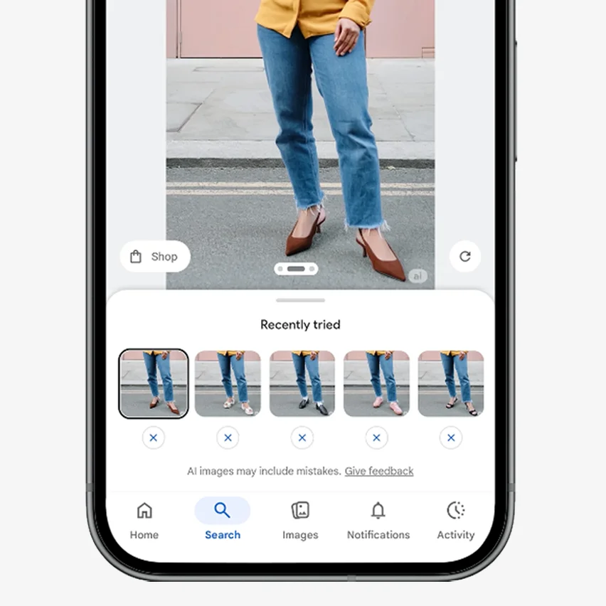 A smartphone screen shows a visual search for a person wearing jeans and brown heels.