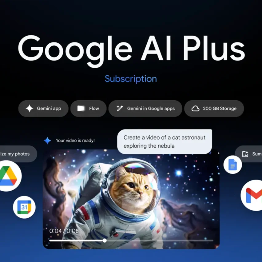 A promotional image for Google AI Plus Subscription shows a video of a cat astronaut being created from a text prompt.