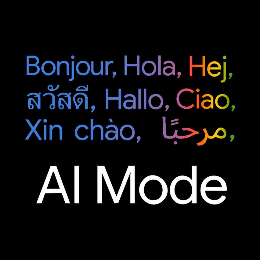 The words AI Mode below the word hello written in various languages.