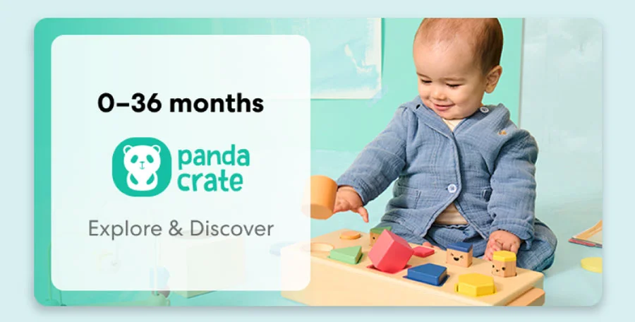 Baby playing with a KiwiCo Panda Crate toy. Designed for ages 0–36 months to explore and discover.