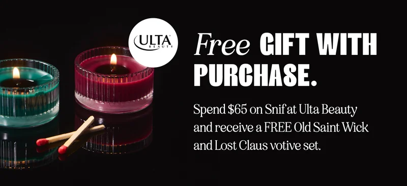 Free gift with purchase. Spend $65 on Snif at Ulta Beauty and receive a FREE Old Saint Wick and Lost Claus votive set.