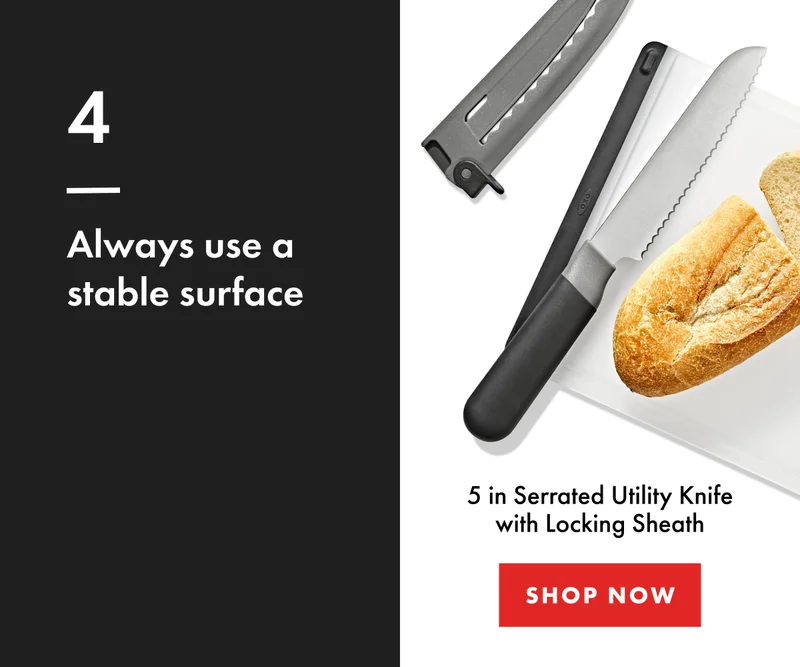 4. Always use a stable surface. 5 in Serrated Utility Knife with Locking Sheath. | Shop Now